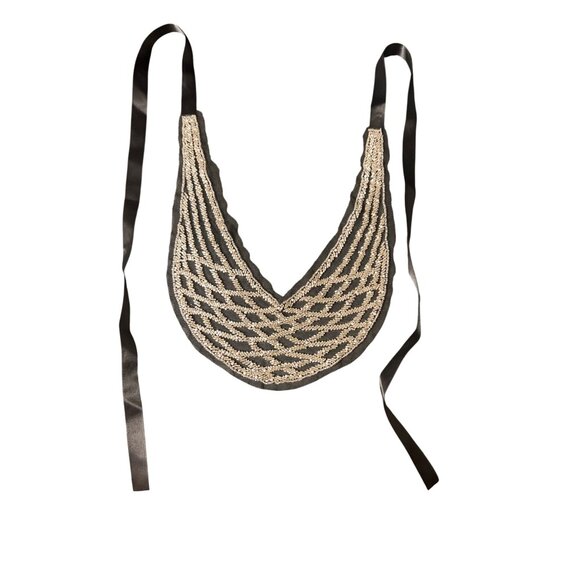 Vintage Beaded Mesh Collar Necklace Bib Sequins Black Satin Ties Estate NWOT - Picture 1 of 5